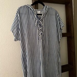 Time and Tru Blue and White Sweatshirt with Lace-Up V-Neck